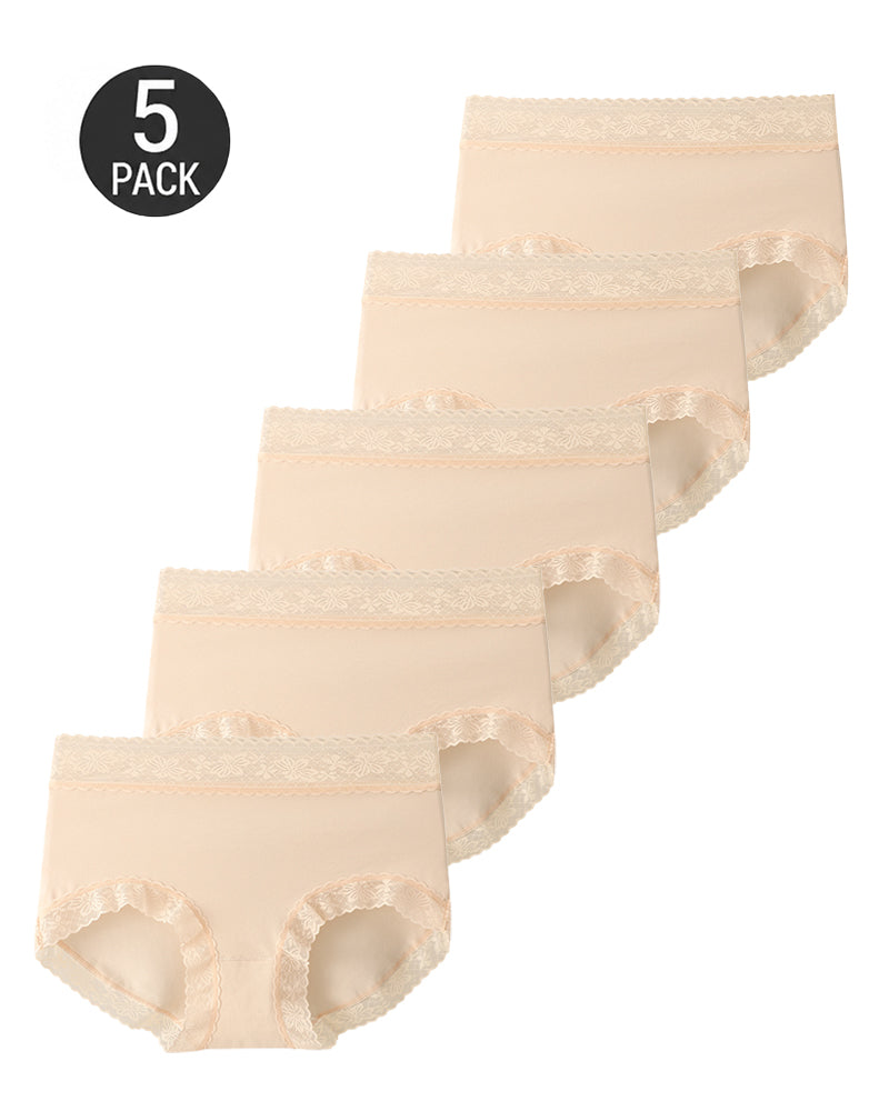 5-Pack Soft Lace-Trim Cotton High-Waist Panties