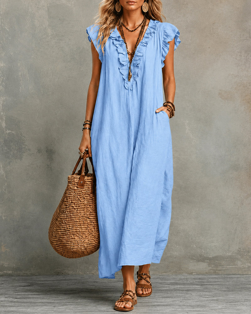 Cotton Linen V-Neck Maxi Dress