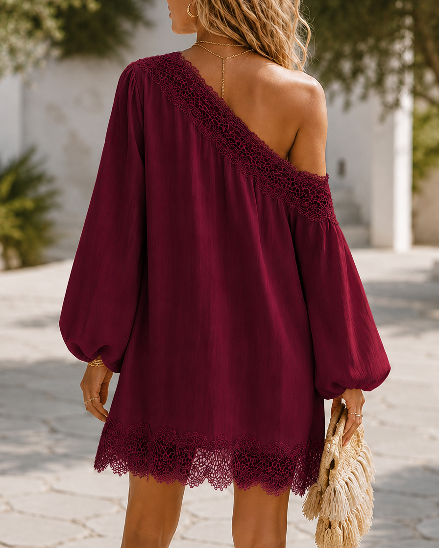 Off-Shoulder Lace Trim Chiffon Lantern Sleeve Dress
