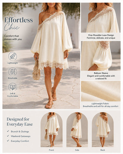 Off-Shoulder Lace Trim Chiffon Lantern Sleeve Dress