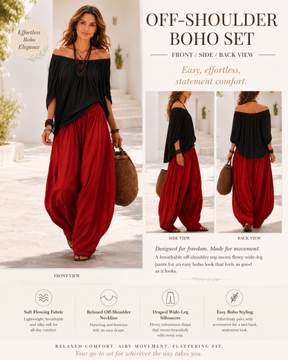 Colorblock Loose Off-Shoulder Top and Lantern Pants Set