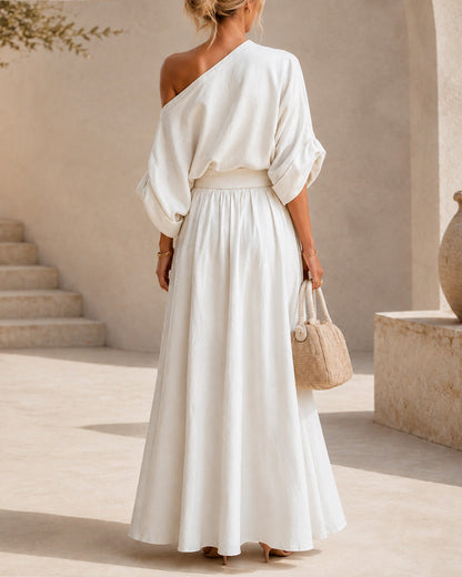 Elegant Cotton Linen Off-Shoulder Top and Wide-Leg Pants Set