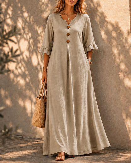 Casual Loose Cotton Linen Ruffled Sleeves Long Dress