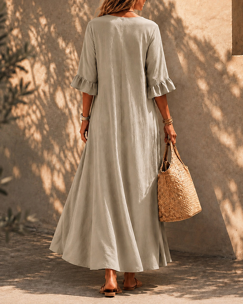 Casual Loose Cotton Linen Ruffled Sleeves Long Dress