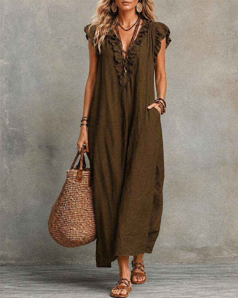 Cotton Linen V-Neck Maxi Dress