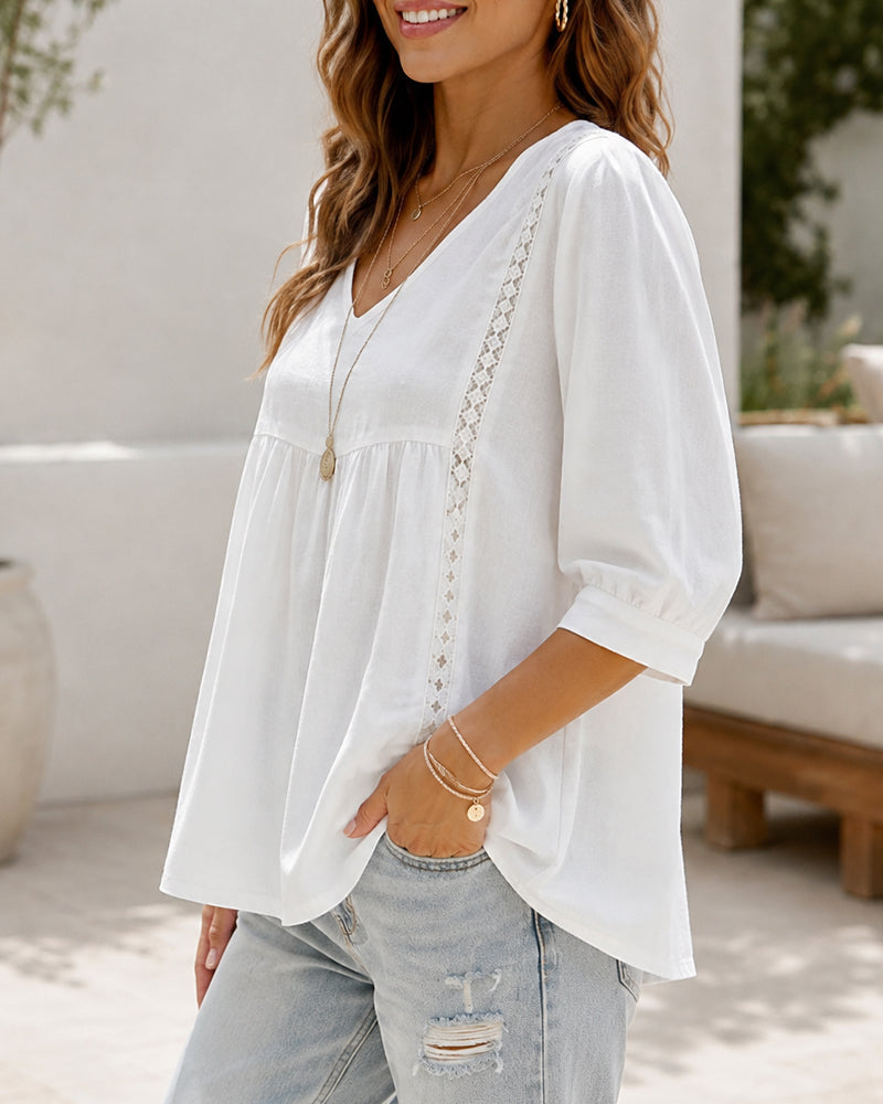 Casual Loose V Neck Cotton Linen Puff Sleeve Top