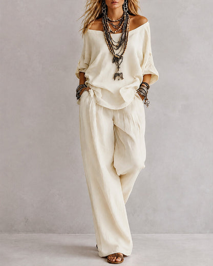 Casual Loose Linen Off-Shoulder Wide-Leg Set