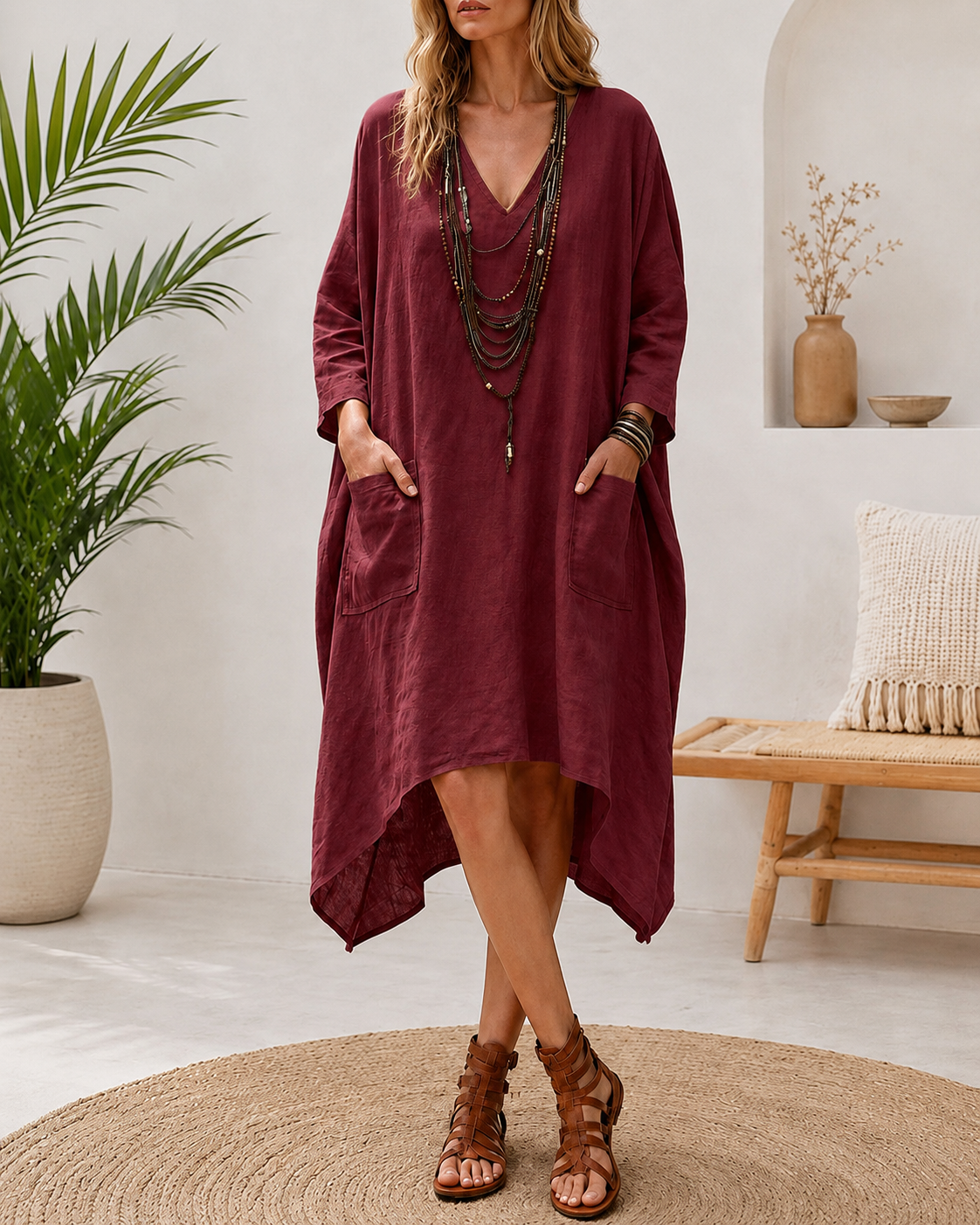 Deep V Cotton Linen Irregular Casual Loose Dress