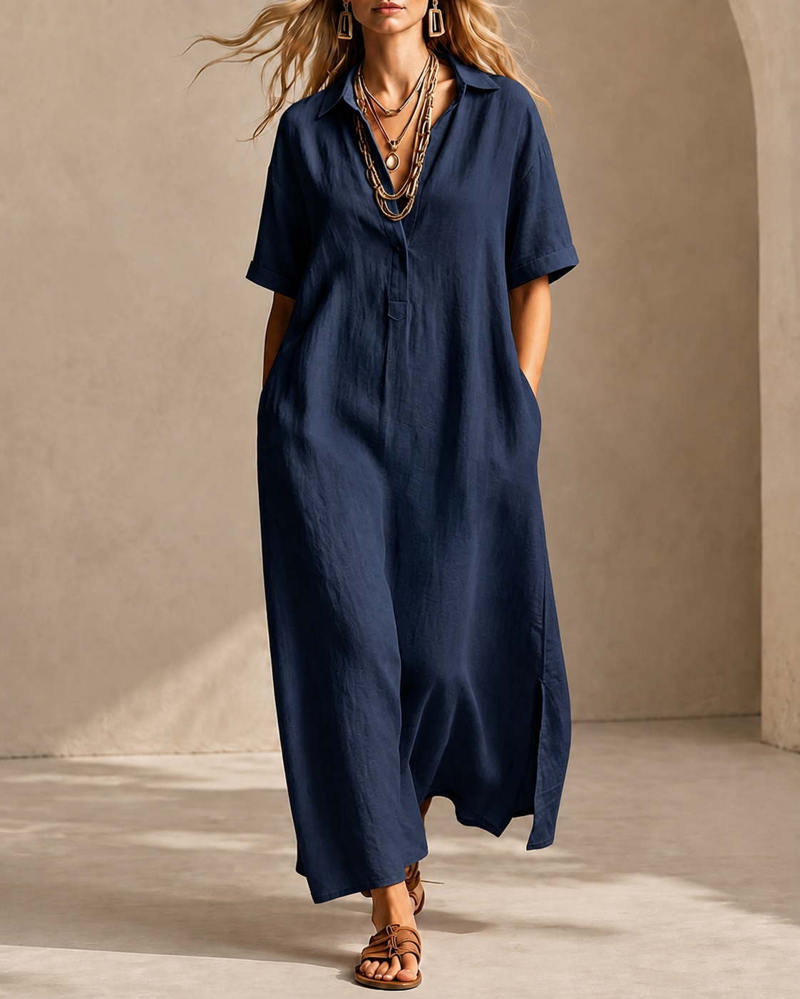Casual Loose Cotton Linen Collared Short Sleeve Long Dress