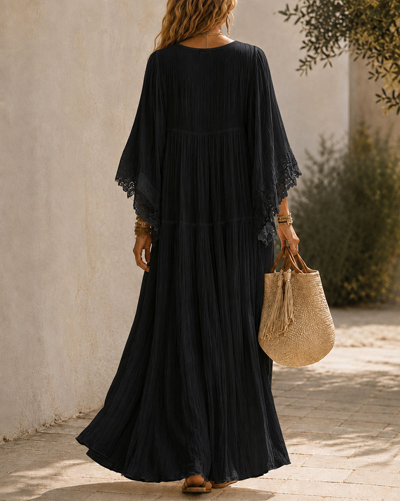 Deep V Lace Chiffon Batwing Sleeve Long Dress