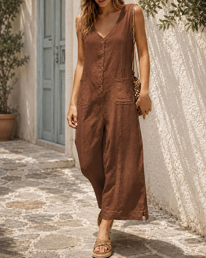 Chic Cotton Linen Deep V Jumpsuit