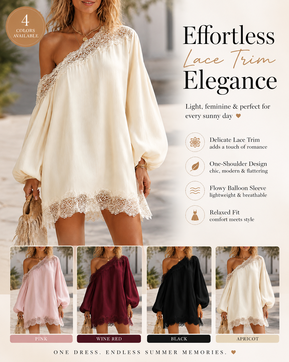 Off-Shoulder Lace Trim Chiffon Lantern Sleeve Dress