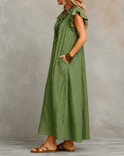 Cotton Linen V-Neck Maxi Dress