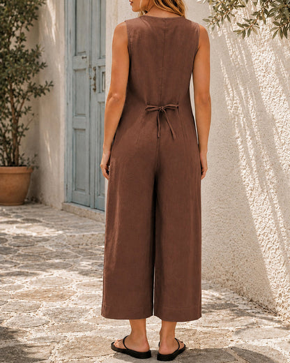 Chic Cotton Linen Deep V Jumpsuit