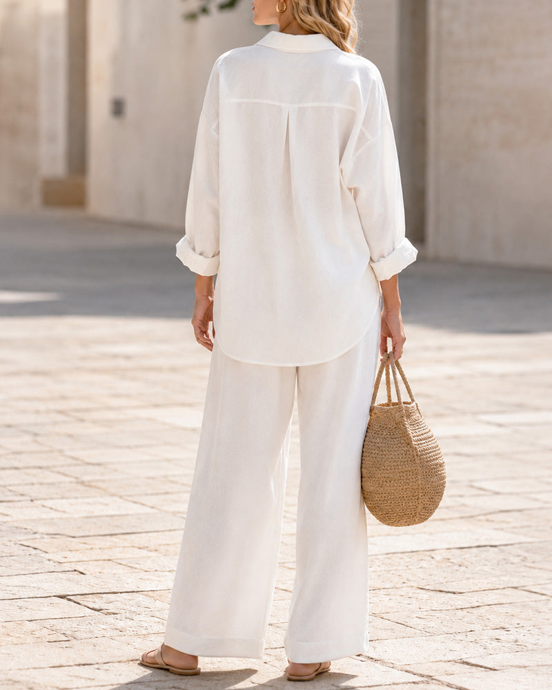 Casual Loose Cotton Linen Long Sleeve Shirt and Wide-leg Pants Set