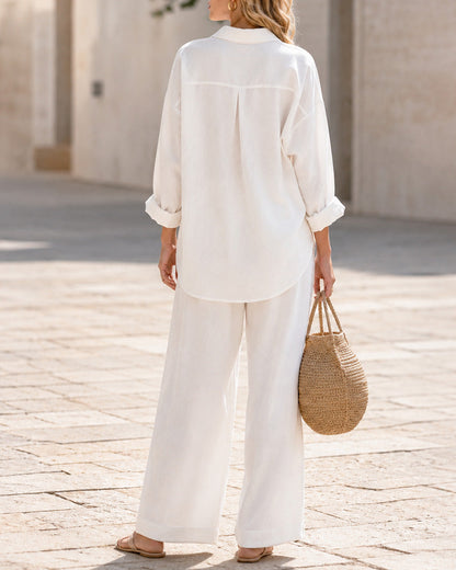 Casual Loose Cotton Linen Long Sleeve Shirt and Wide-leg Pants Set